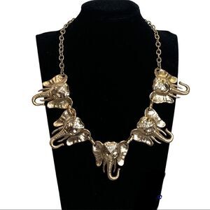 Elephant head gold tone crystal rhinestone chunky statement necklace